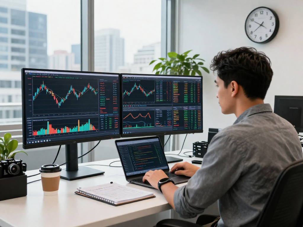 使用TradingView分析行情的交易员在现代金融办公室的场景，显示多张股票和外汇图表。