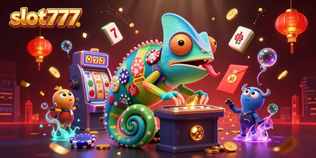 Mainkan slot777 dengan chameleon pemilik kasino yang unik dan beragam simbol permainan yang berkilau.
