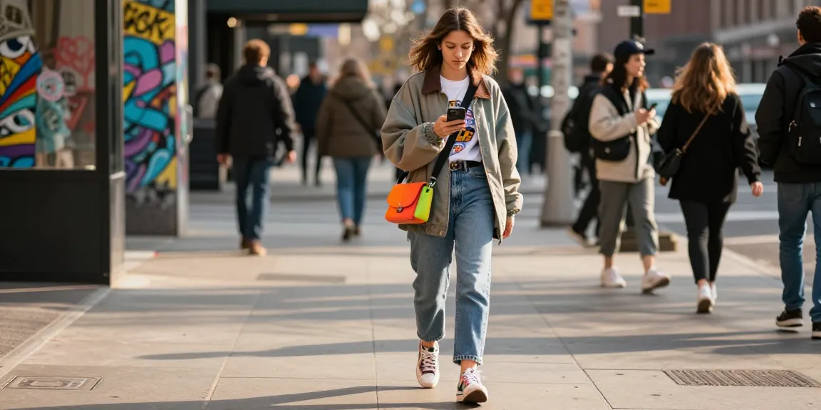 Fashion-forward young woman navigating city streets while checking her smartphone, relevant to https://forumup.org/shop/search.php?ca_id=&addr1=&addr2=&addr3=&schKeyword showcasing urban style.