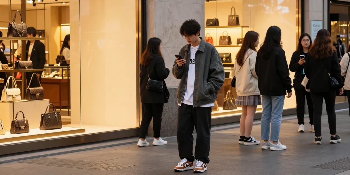 Engaging urban scene showcasing a person using a 레플리카 쇼핑몰 on their smartphone surrounded by trendy fashion.