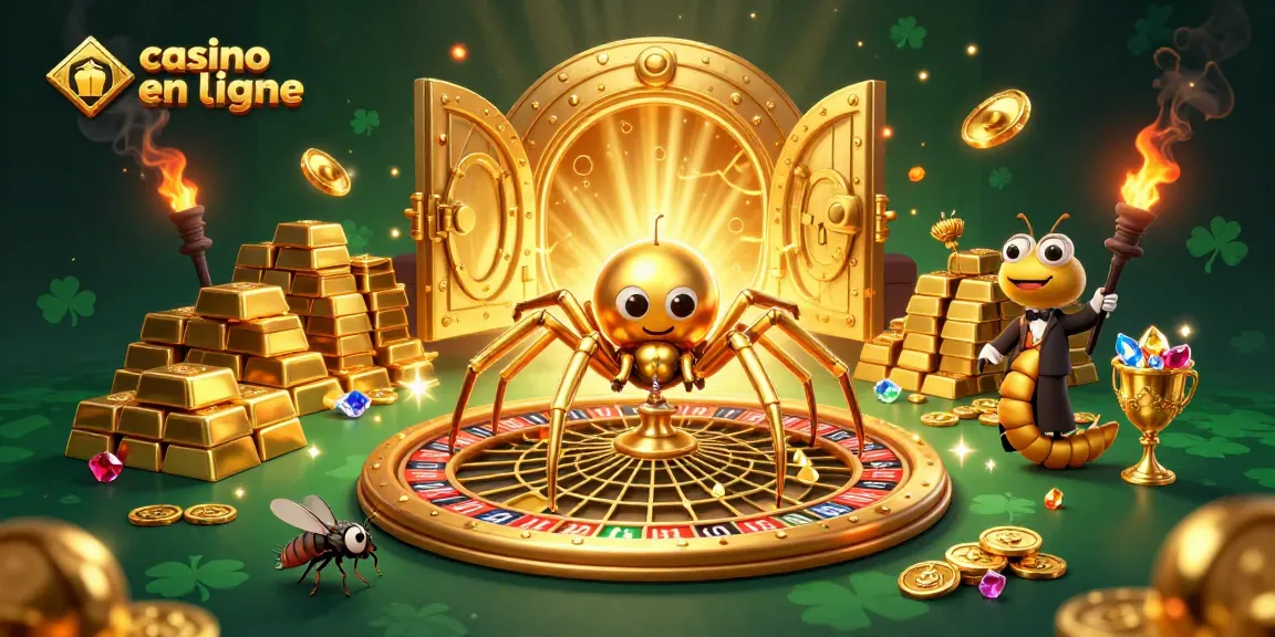 Jouez au casino crypto en ligne avec des éléments dorés et des personnages animés dans une scène de jeu captivante.