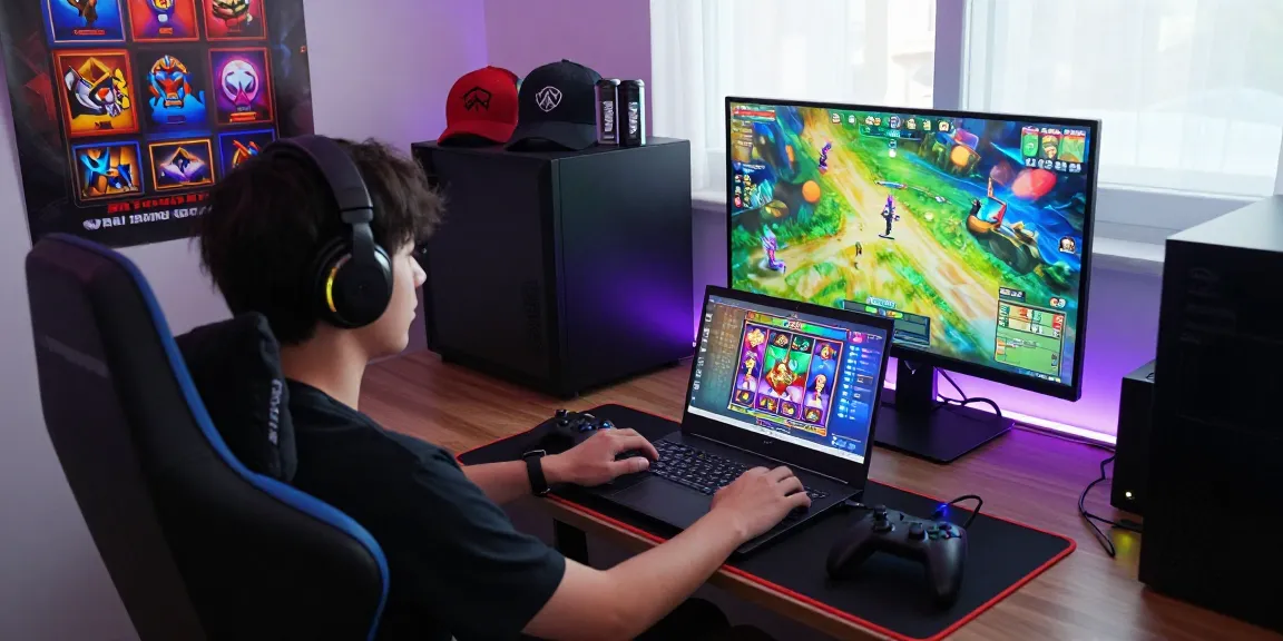 Player engaging with the Spaceman88 slot game on a high-end gaming laptop, surrounded by gaming accessories and vibrant atmosphere.