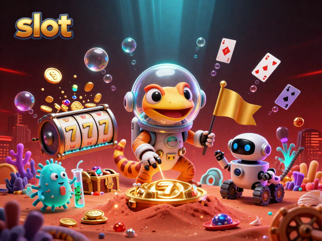 Engage in fun and excitement with slot gaming, featuring colorful slots and Martian characters in a lively casino.