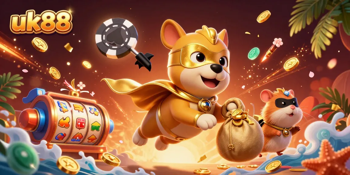 uk88 reveals an exciting scene with a superhero dog flying between slot reels, showcasing thrilling moments in gaming.
