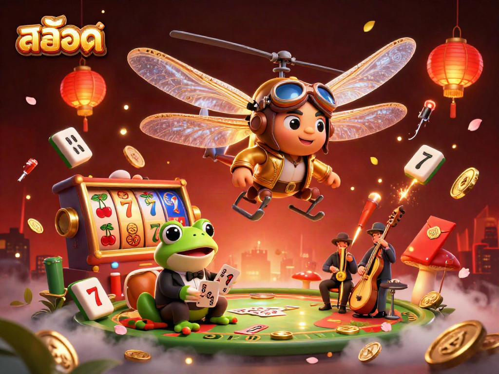 Spin the reels in a vibrant สล็อต scene with a helicopter pilot, frog croupier, and buzzing musicians.