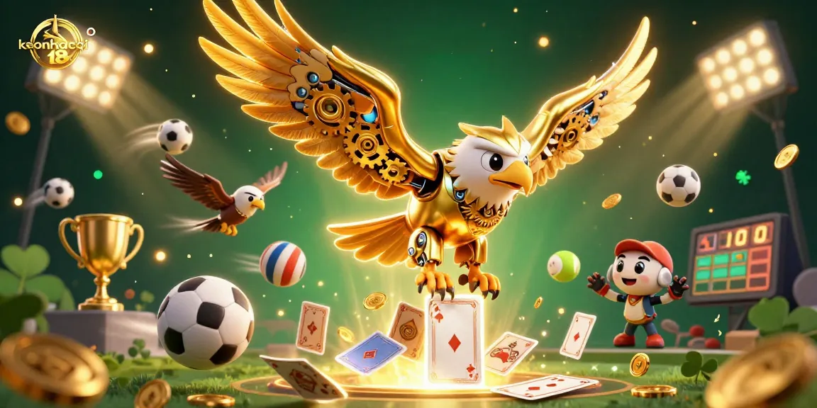 Experience the excitement of keonhacai 18 with a dynamic casino scene featuring a golden eagle amidst sports elements.