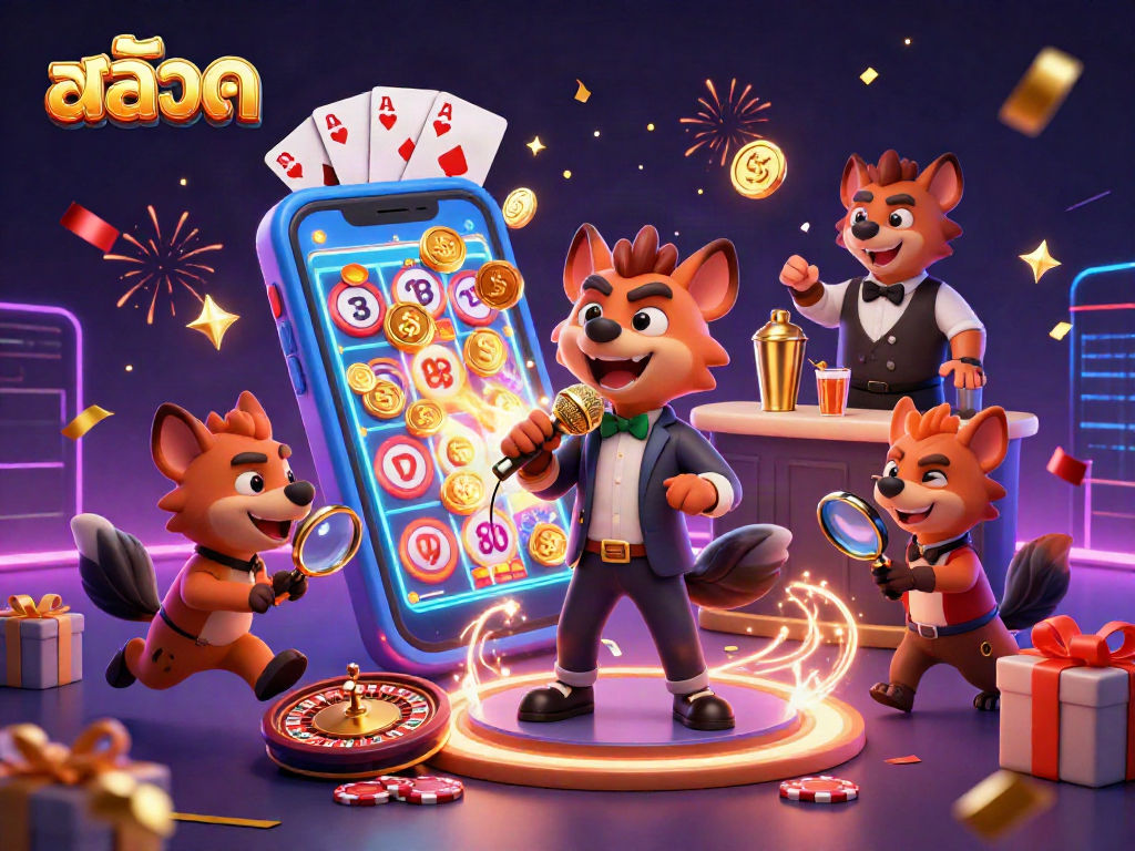 Experience the thrill of slots with a lively comedy casino scene featuring hyenas and engaging gaming elements in a vibrant atmosphere.