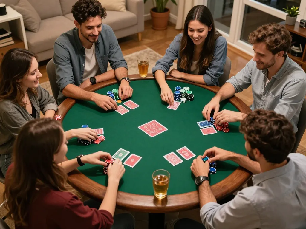 Friends enjoying poker at home, featuring CM88 atmosphere of camaraderie and strategy.
