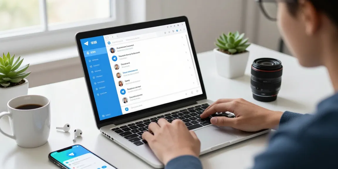 Explore Telegram中文 features in a modern workspace with user engaging on laptop.
