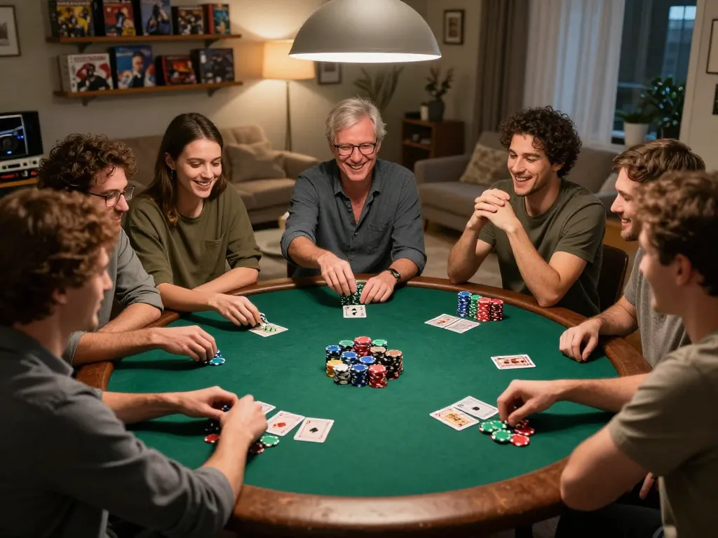 Engaging scene of friends playing poker at home, emphasizing Canada online casinos reddit gaming strategies.