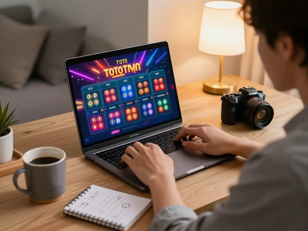 Aktion permainan online Toto Togel dengan pemain terlibat dalam strategi sambil menggunakan laptop.