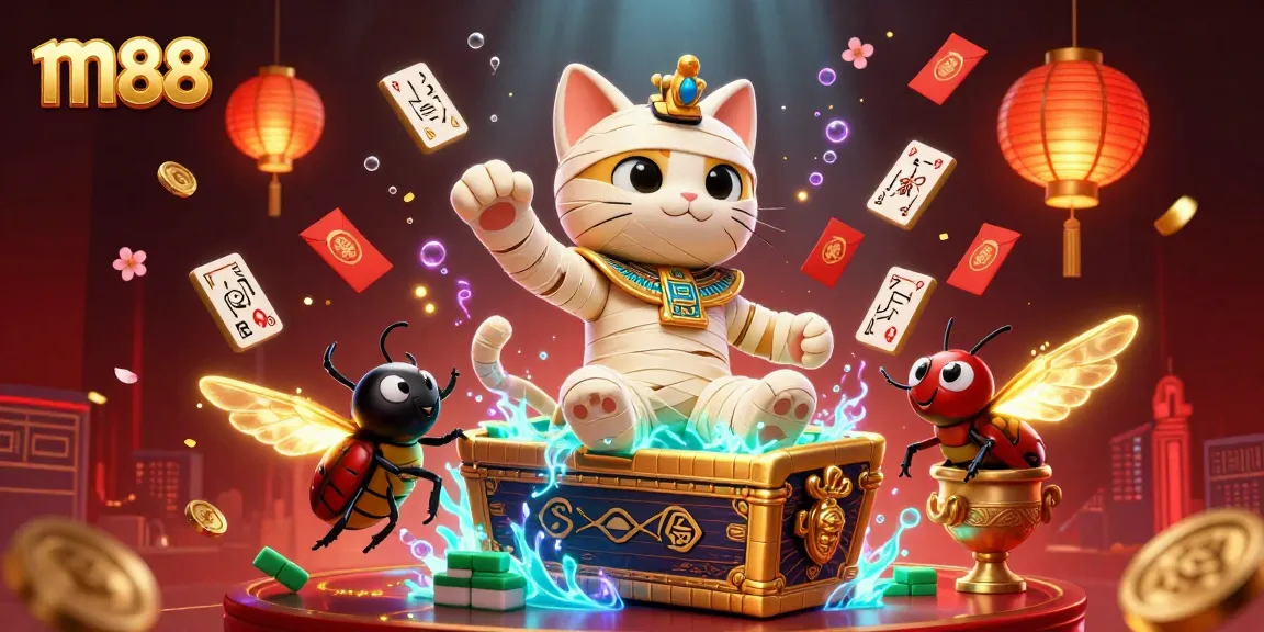 M88 brings vibrant casino excitement with an Egyptian mummy cat in a golden sarcophagus and glowing game elements.