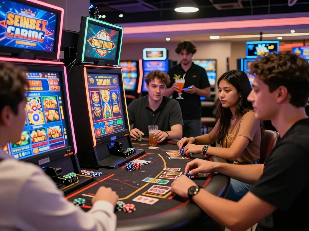 Suasana permainan situs slot yang menarik dengan teman-teman menikmati atmosfer kasino yang berwarna-warni.