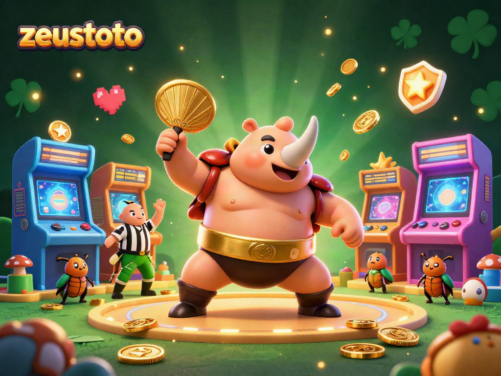 Experience thrilling action at zeustoto, featuring a rhinoceros beetle champion surrounded by vibrant casino elements.