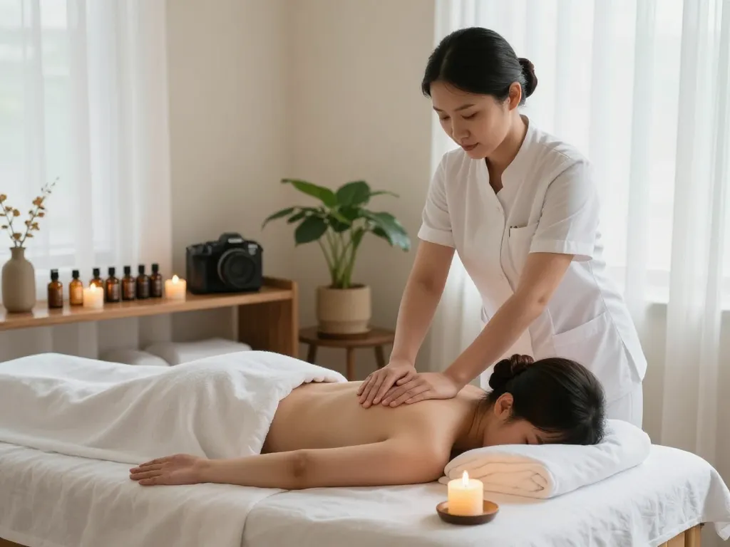 Massage therapist providing soothing 마사지 in serene spa environment with candles and natural light.
