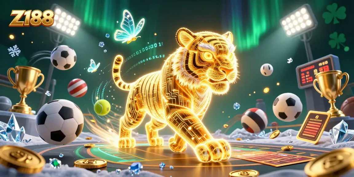Experience Z188's vibrant casino world, featuring a golden tiger and dynamic sports elements.