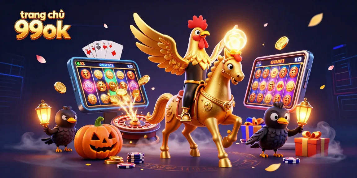 Experience the excitement of trang chủ 99ok with golden rooster and spooky companions in a vibrant casino scene.