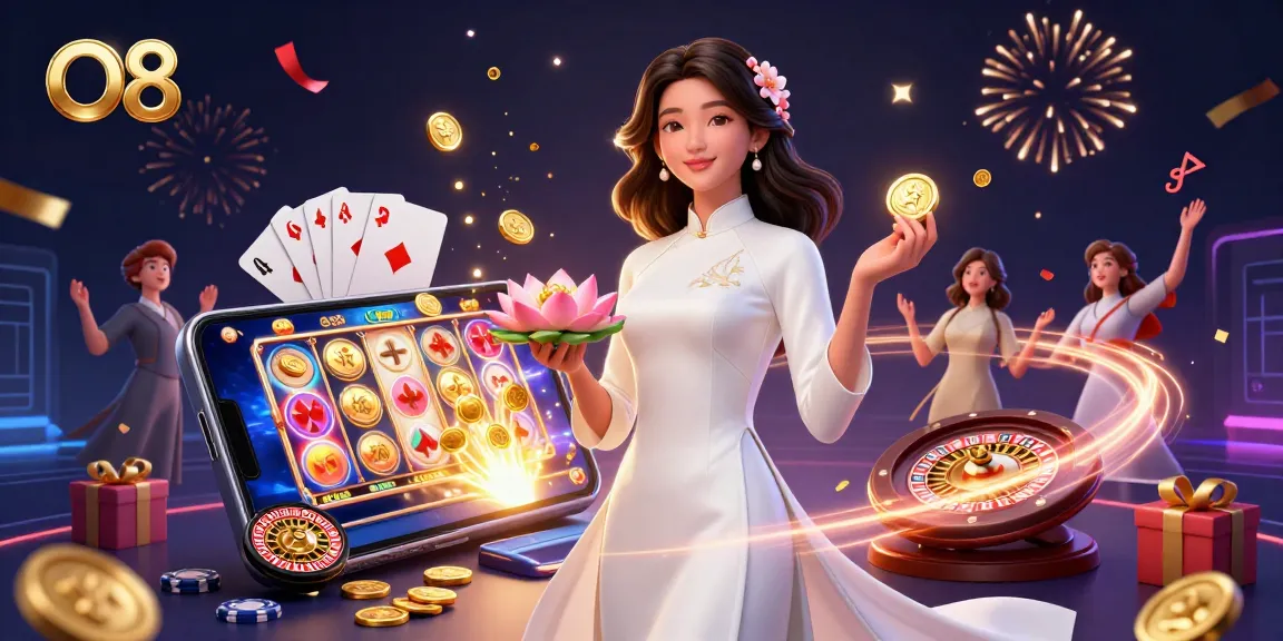 Engage in thrilling slot games at O8, with a vibrant illustration featuring dynamic casino elements and a graceful lotus theme.