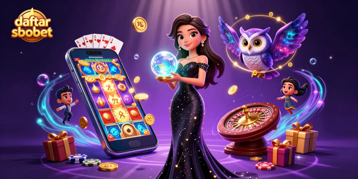 Experience the thrill of daftar sbobet with an enchanting illustration of a mystical woman and owl amidst vivid casino elements.