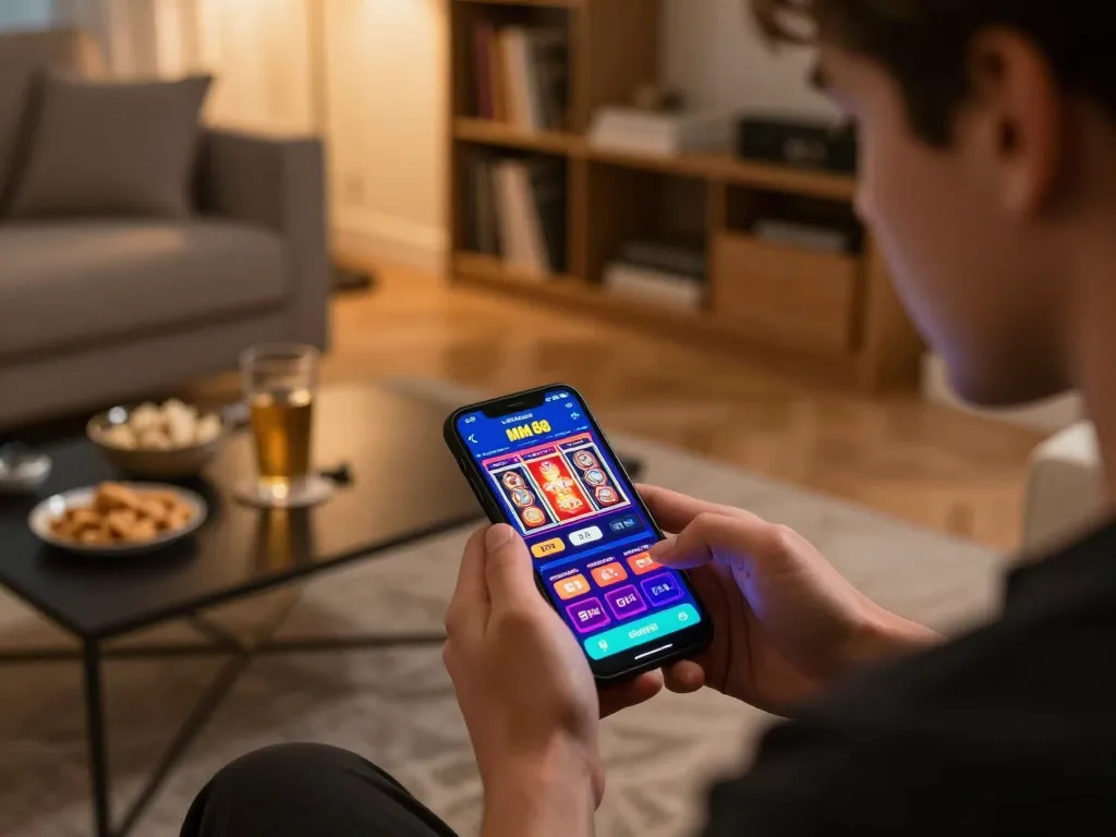 Player enjoying the MM 88 casino app on smartphone at home, showcasing a thrill-filled gaming atmosphere