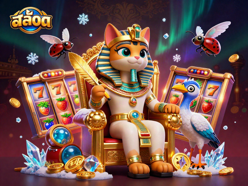 Play exciting สล็อต games with the Egyptian pharaoh cat and lucky symbols in a 3D dynamic scene.