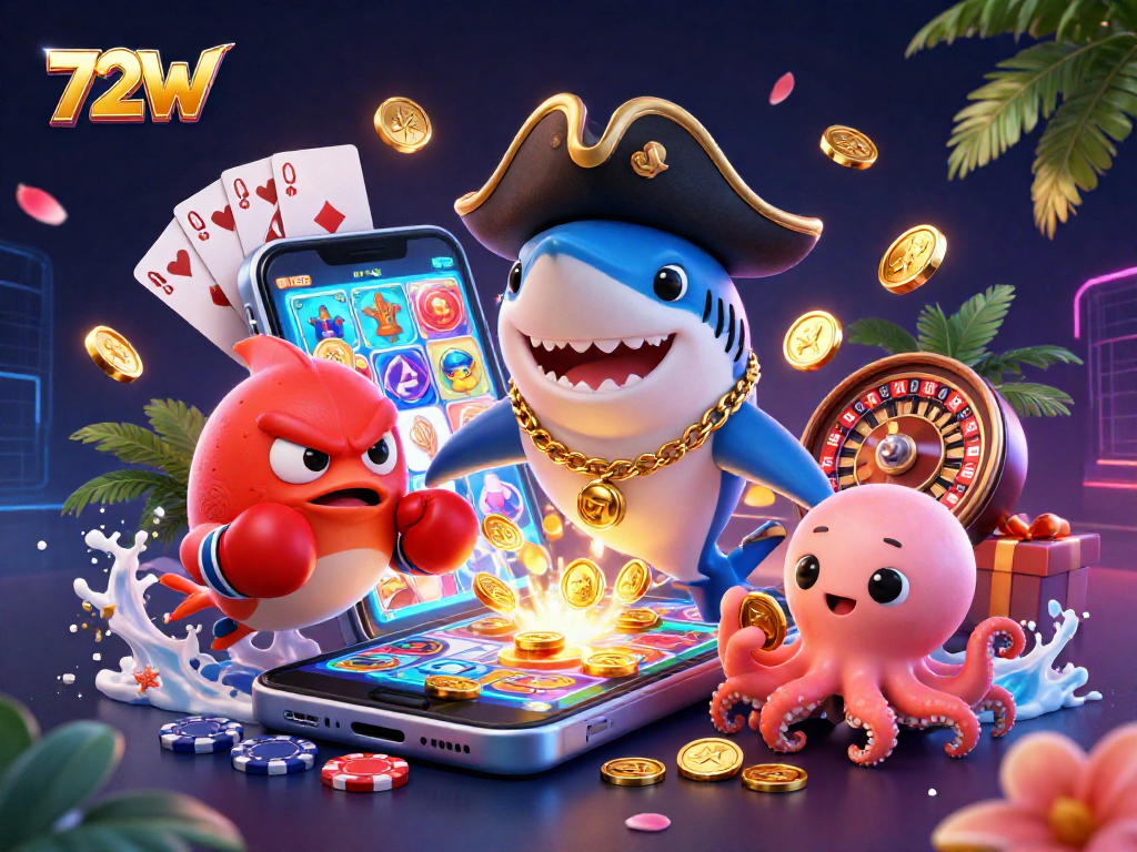 72W promove emoções em jogos de cassino com um tubarão pirata simpático e um polvo que segura moedas de ouro.