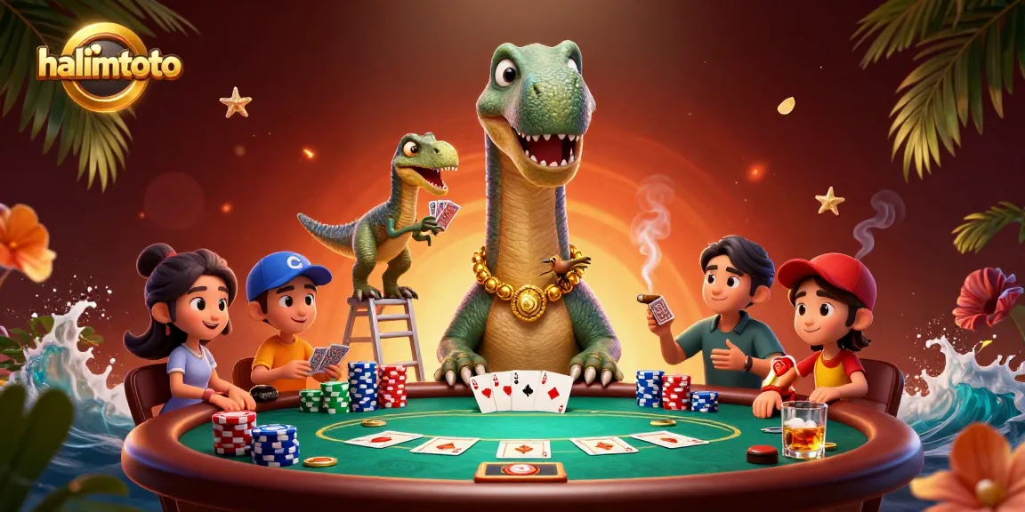 Engage with halimtoto's vibrant 3D casino scene featuring a whimsical dinosaur at a poker table.