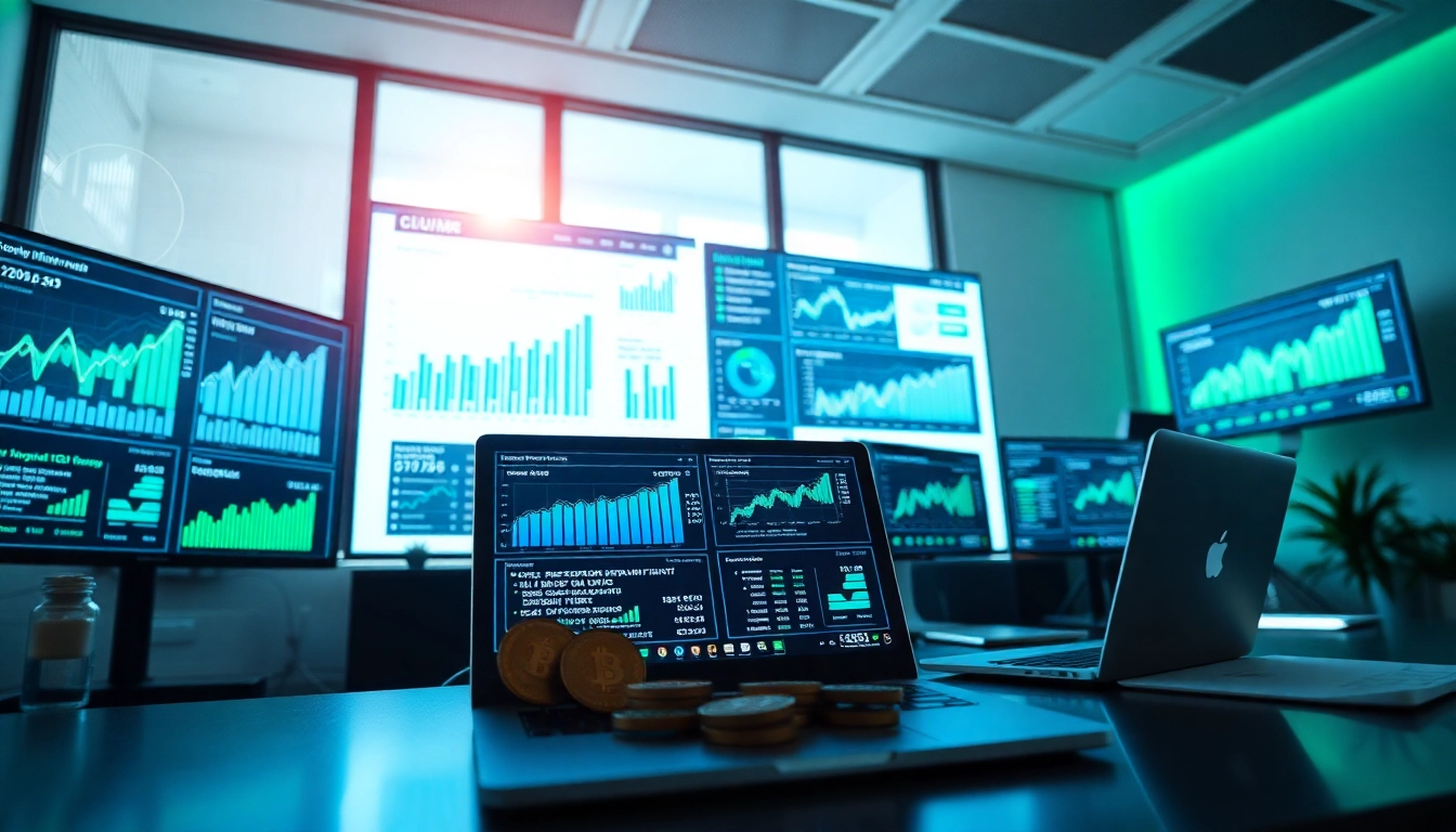 Engaging workspace illustrating cloud mining app performance with digital screens and analytics.
