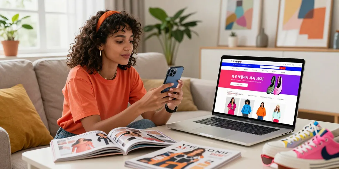 Explore trends in 레플리카 사이트 as a stylish influencer shops on her smartphone, enhancing her fashion choices.