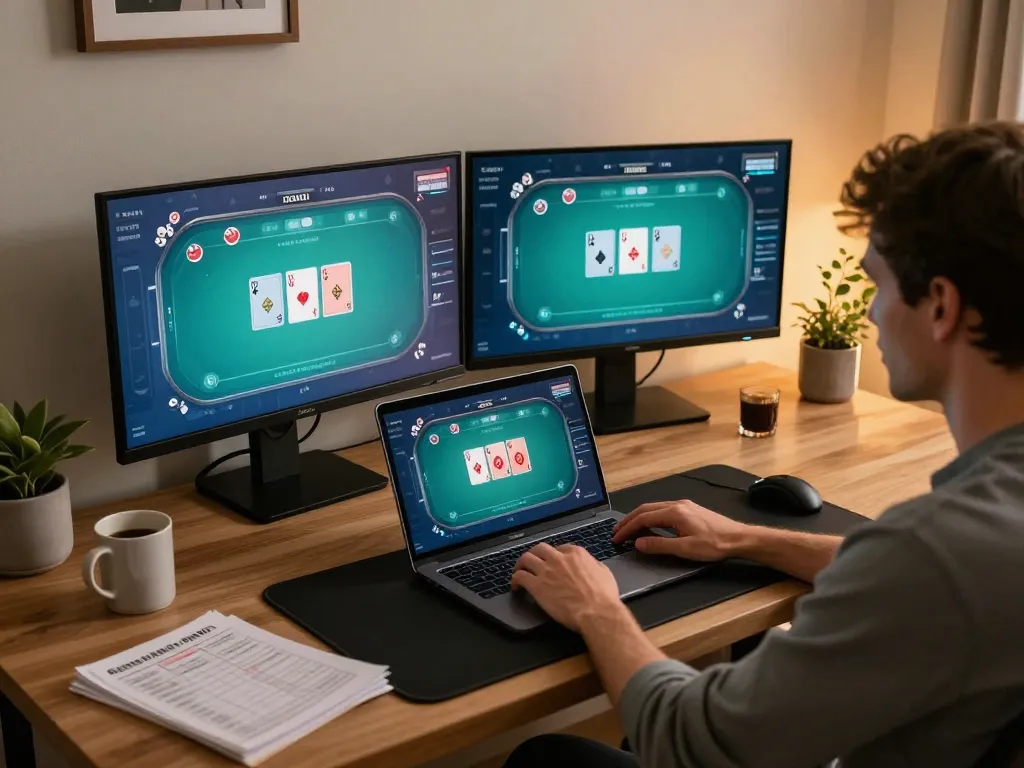 Fly88 player engaging in strategic online poker at a modern home setup with multiple screens