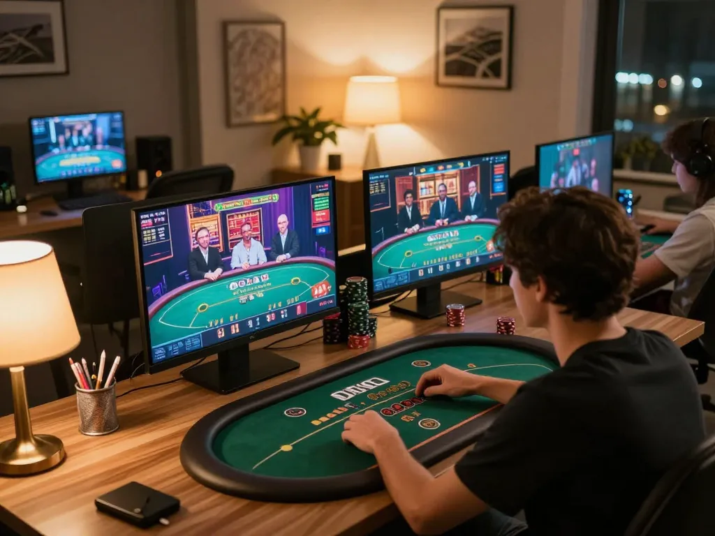 Engaging in casino online americani with multiple screens showcasing poker and slot games in a cozy home office.
