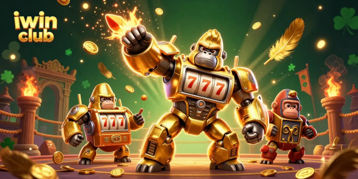 Engage with gaming excitement at iwin club featuring a dynamic 3D gorilla mech and thrilling casino elements.