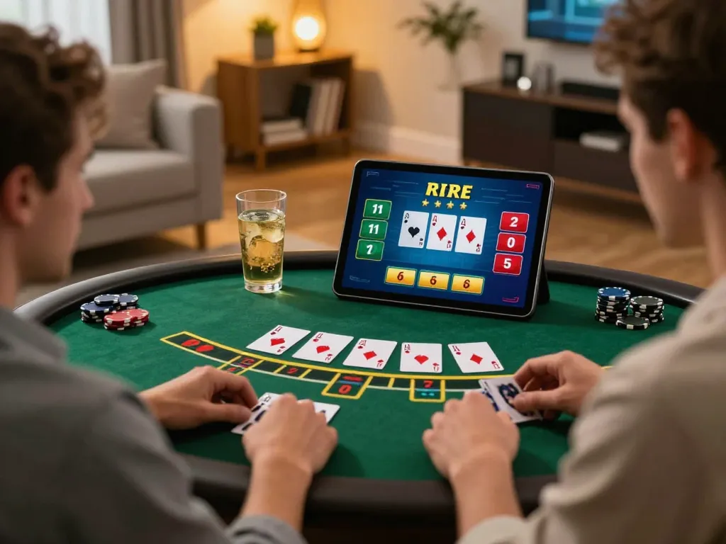 F168 player strategically placing bets during an exhilarating online blackjack game at home, engaging gaming experience.