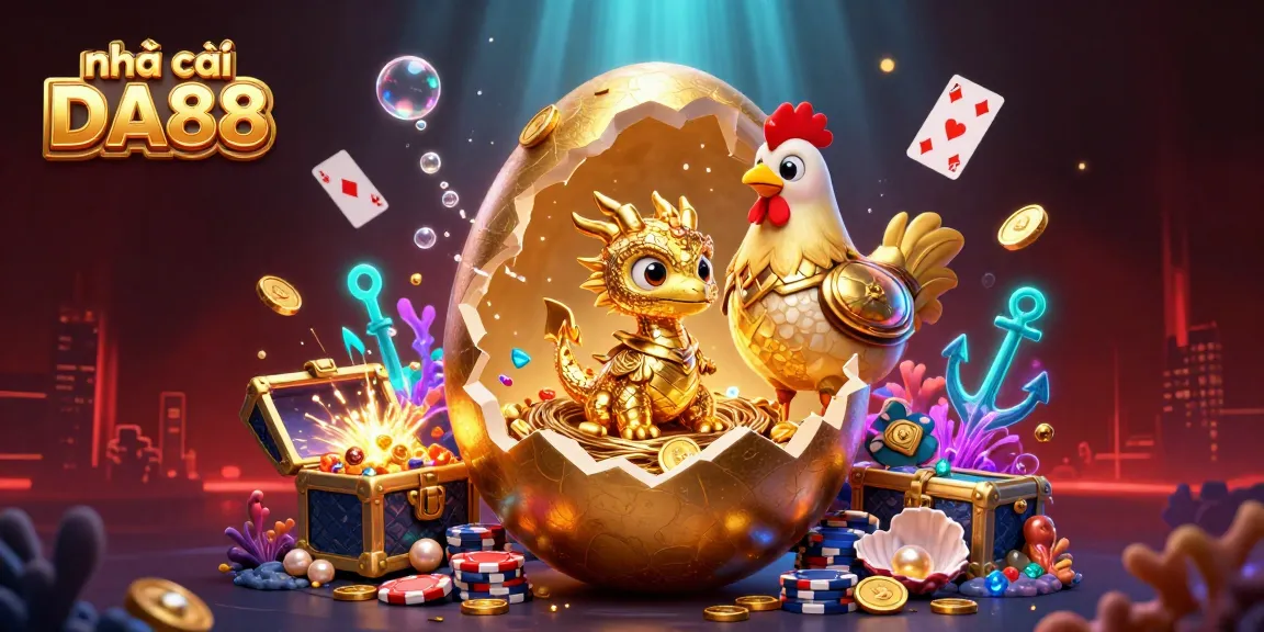 Experience the thrill of nhà cái DA88 with a golden dragon guarding poker chips in a stunning 3D casino scene.