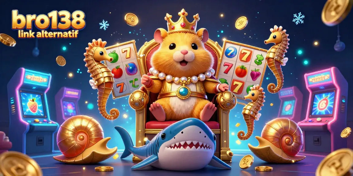 Engage with the vibrant bro138 link alternatif scene featuring a hamster king in a casino paradise full of slot game elements.