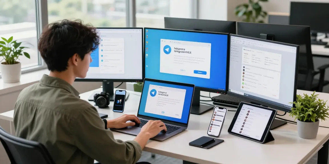 Person engaging with telegram中文 app on multiple screens in a bright, modern workspace.