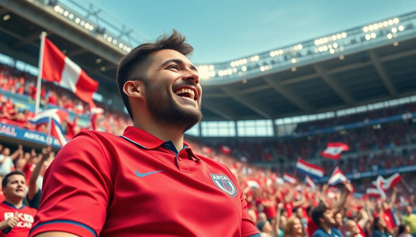 Cheerful fan showcasing discount football shirts in a vibrant stadium atmosphere.