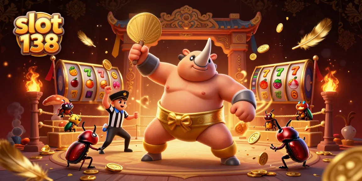 Spin the reels with slot 138 as the cartoon beetle champions and cricket referee create a dynamic casino scene.