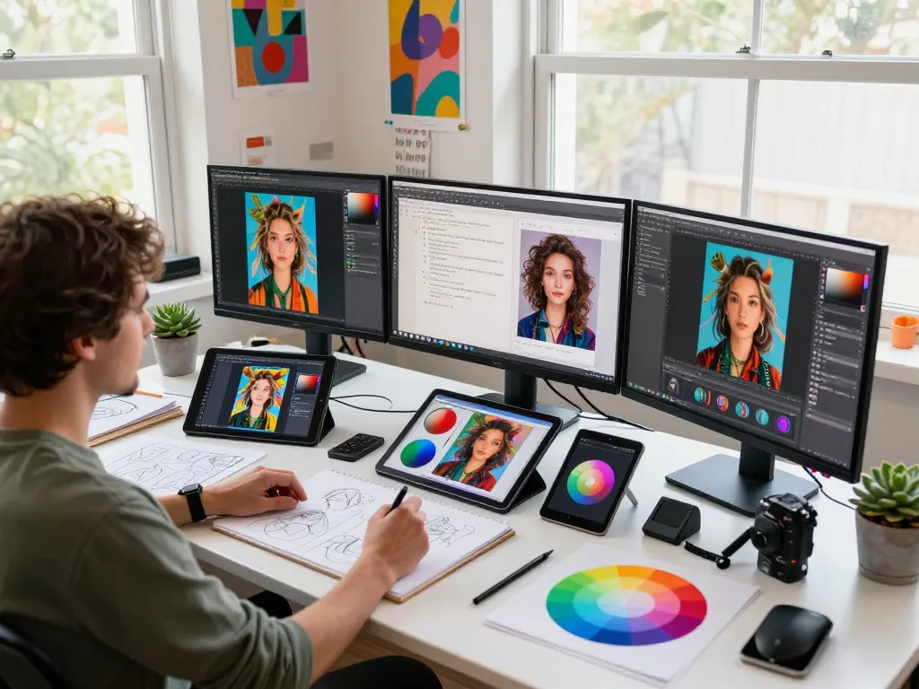 Artist generating image to prompt using AI tools in vibrant, creative studio.