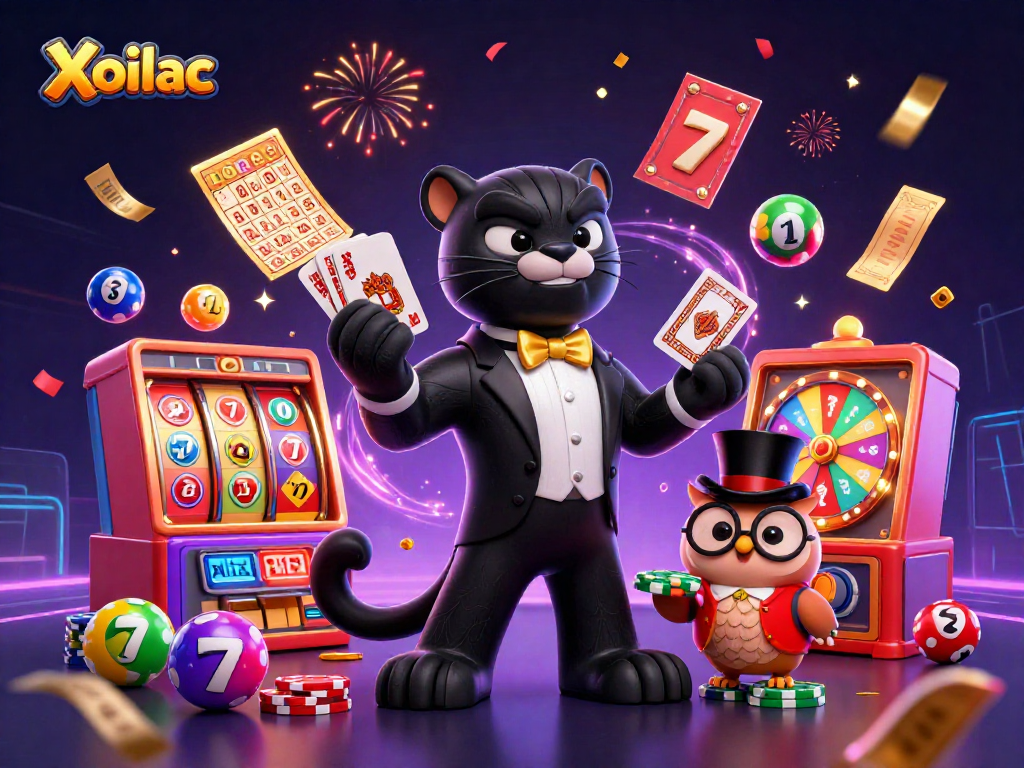 Xoilac showcases a vibrant slot scene with a tuxedoed panther dealing cards, boosted by lucky symbols.