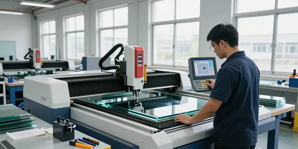 Technician operating a cutting machine glass in a modern workshop setting