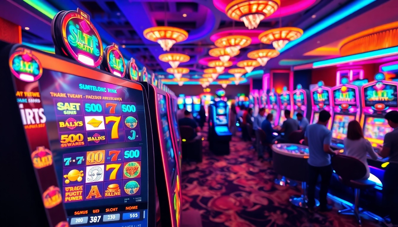 Slot77 mesin permainan dengan lampu berwarna-warni di kasino yang ramai dan terang.