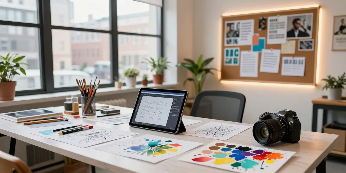 Designer generating ai prompt images in a vibrant art studio filled with creativity and inspiration.