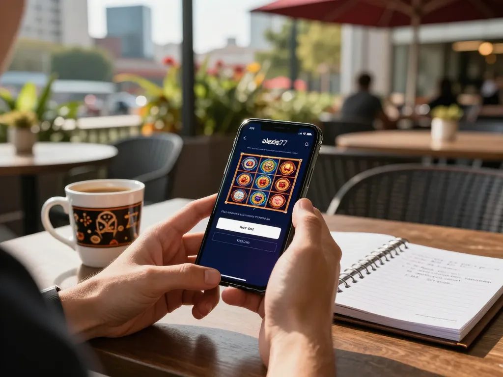 Player engaging with alexis77 login on smartphone at outdoor café, enjoying online slots in a vibrant city.