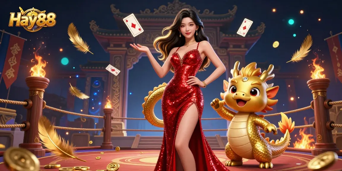 Engage your luck at Hay88 with immersive gaming experiences featuring a glamorous Asian woman, golden dragon, and dynamic casino elements.
