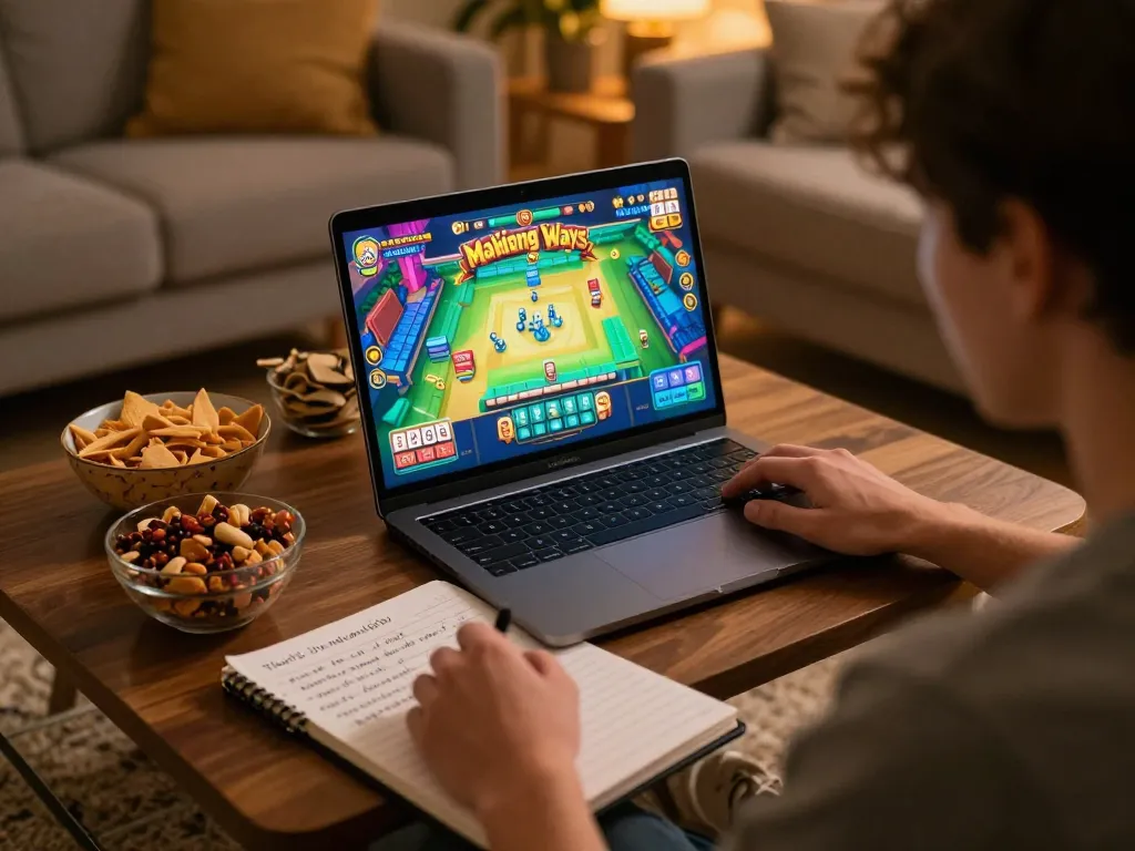 Enjoying Mahjong Ways on a laptop, showcasing the online gaming experience in a cozy home environment