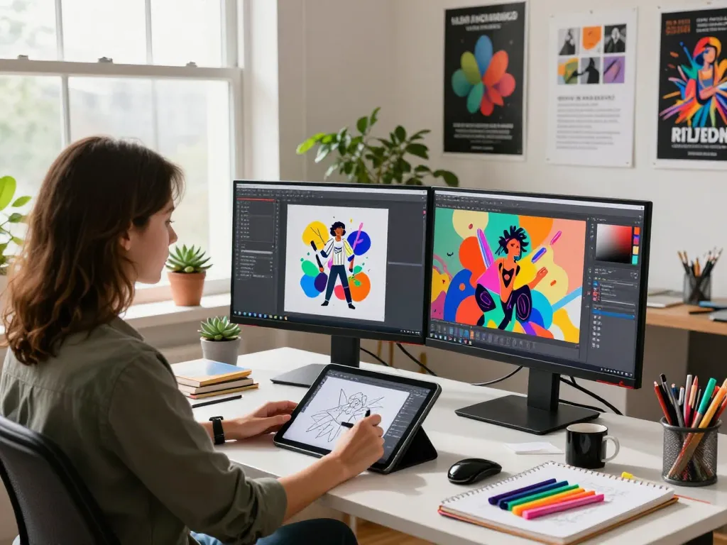 Designer using nano banana 2 for AI image editing in a vibrant workspace.