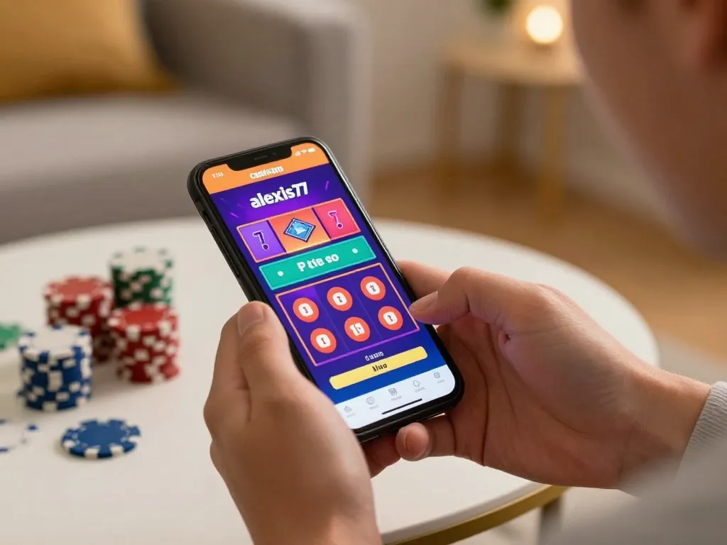 Player enjoying alexis77 mobile casino gaming with vibrant winnings displayed on smartphone