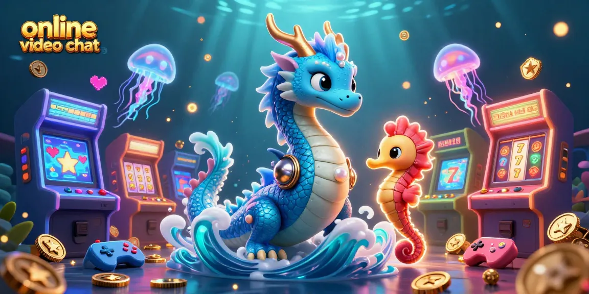 Engage in online video chat with this vibrant illustration showcasing an azure dragon, seahorse knight, and whimsical casino motifs.