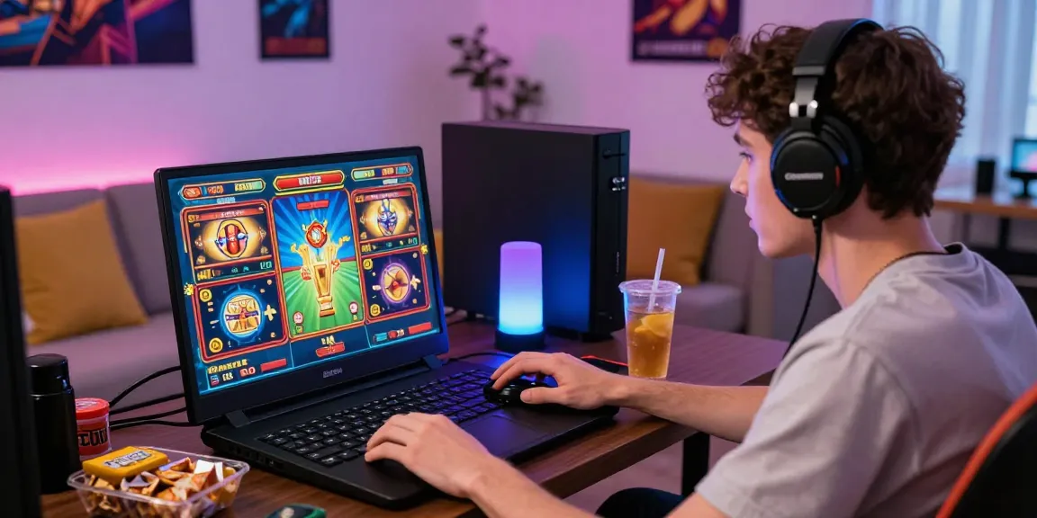 Player enjoying a slot game on a laptop, illuminated by vibrant graphics and ambient lighting, showcasing a dynamic gaming environment.